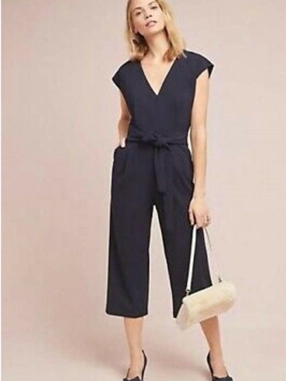 Anthropologie ETT.TWA Black Sedona V-Neck Wide Leg Culotte Jumpsuit with Tie Wai